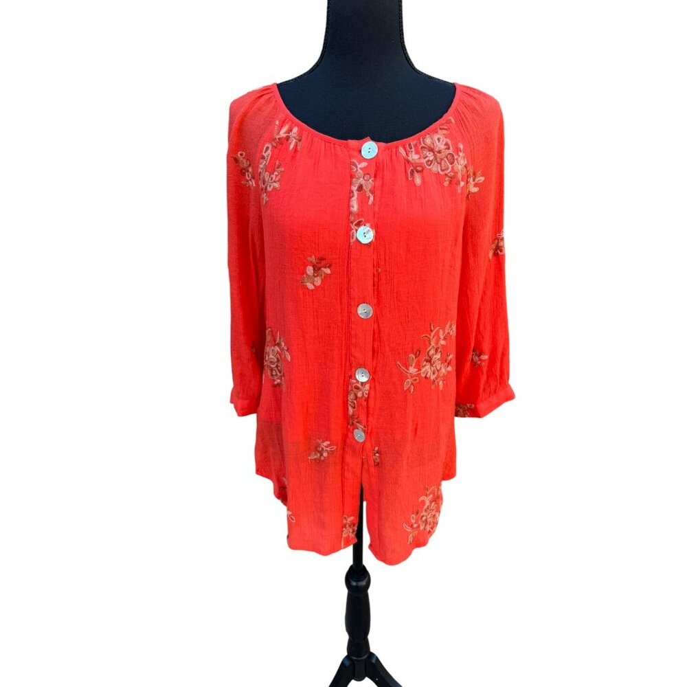 Anthropologie Fig Flower L Tangerine Floral Embroidered Boho Cottage Core Tunic